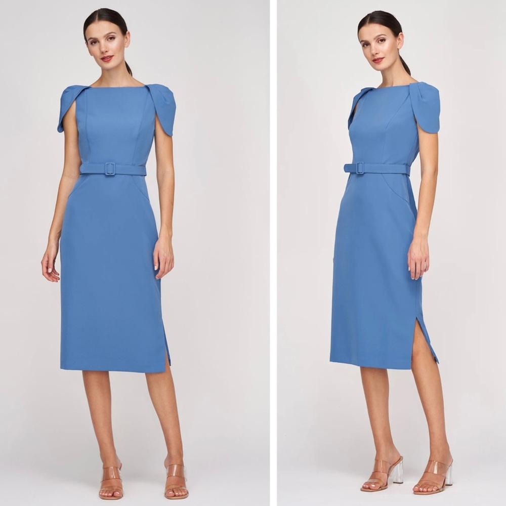 Kay Unger Ivette Cape Sleeve Sheath Belted Midi Dress Size 6 NEW